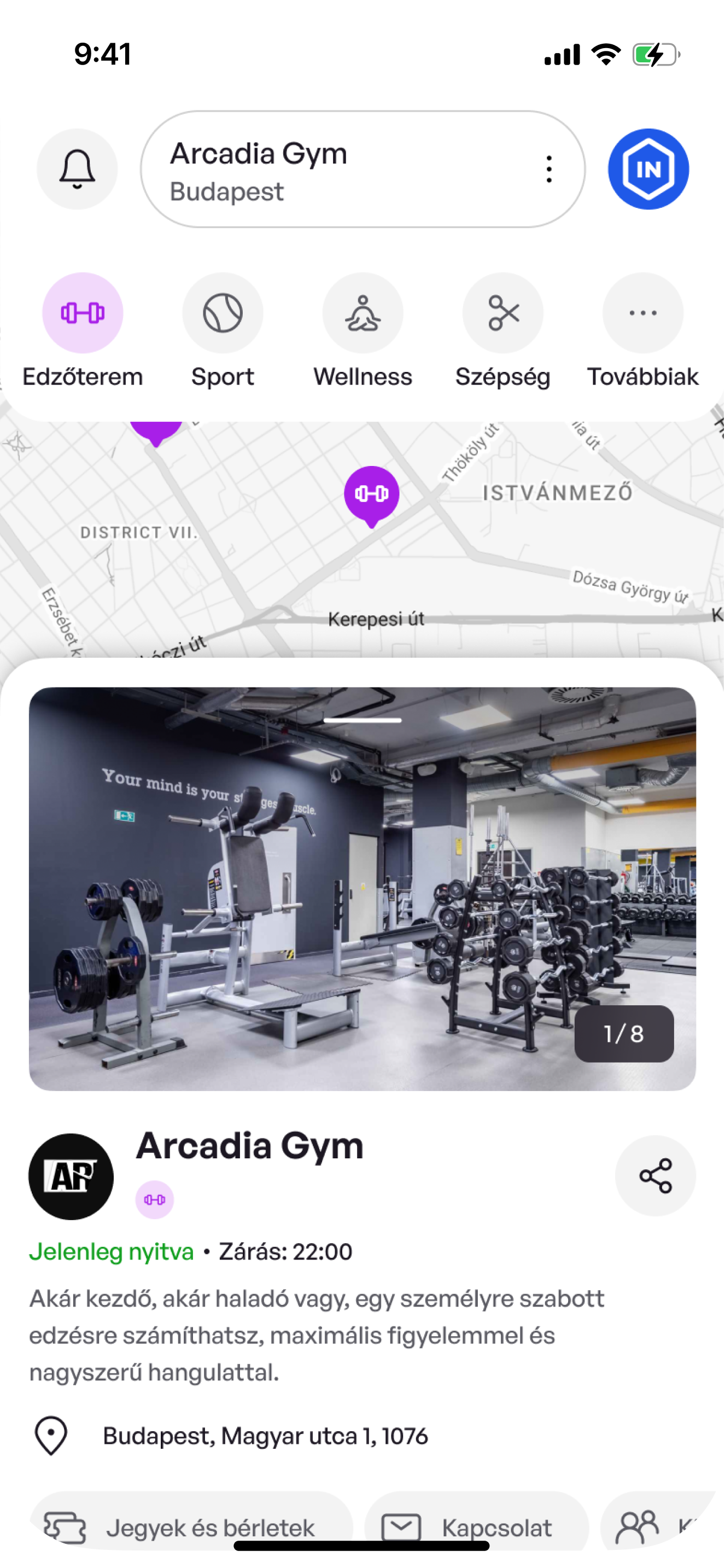 A LetMeIn app helyfelfedező képernyője (Arcadia Gym)